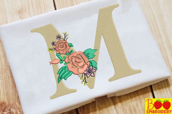 Letter M Embroidery with a Delicate Flower Accent